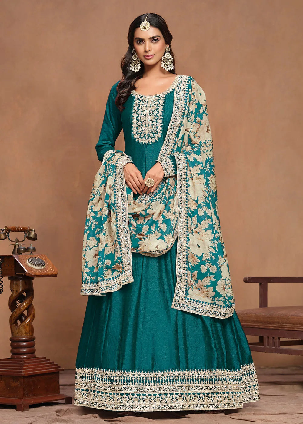 Elegant Art Silk Teal Green Embroidered Anarkali Gown Buy Cheap Very Cheap