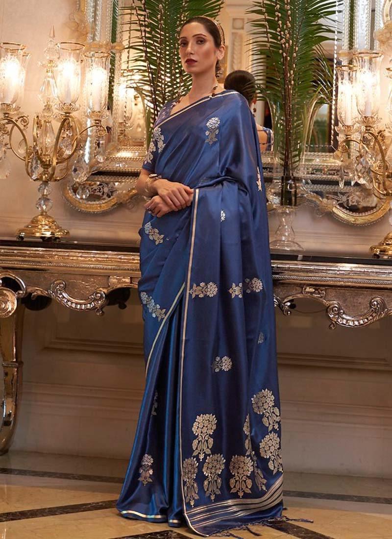 Eye-Captivating Navy Blue Color Silk Fabric Silk Weave Work Plain Saree Online For Sale