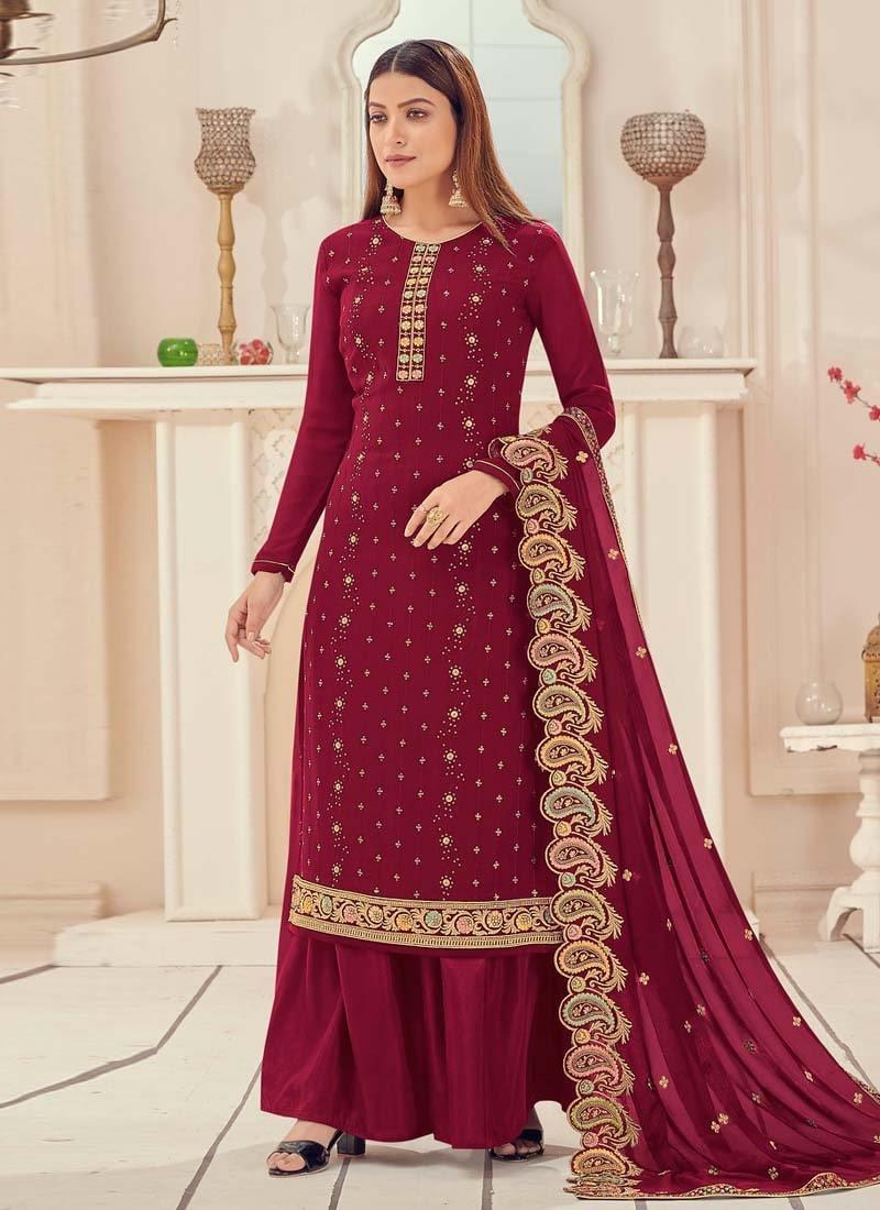 Stone And Resham Work Georgette Base Maroon Color Palazzo Salwar Suit Cheap Pice Buy Discount