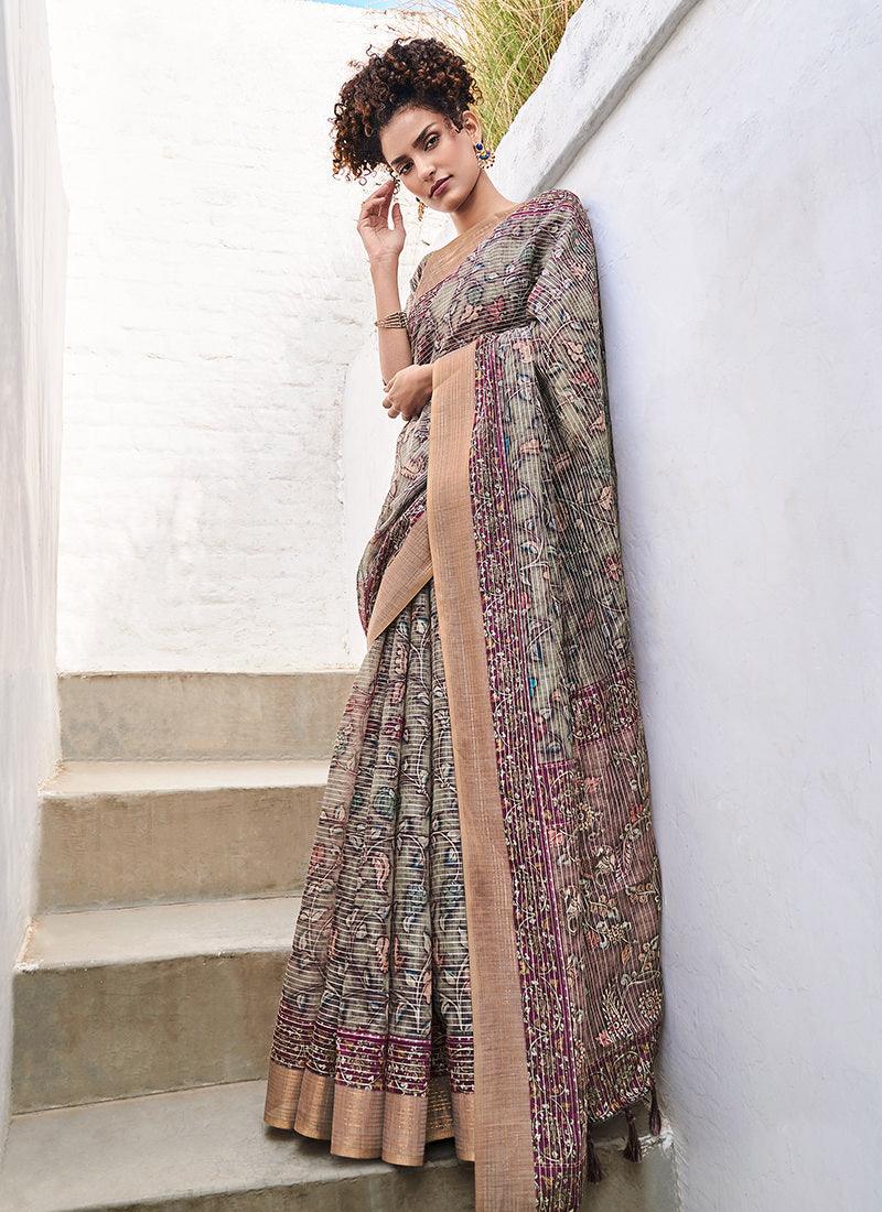 Linen Fabric Beige Printed Floral Saree Buy Cheap Best Wholesale