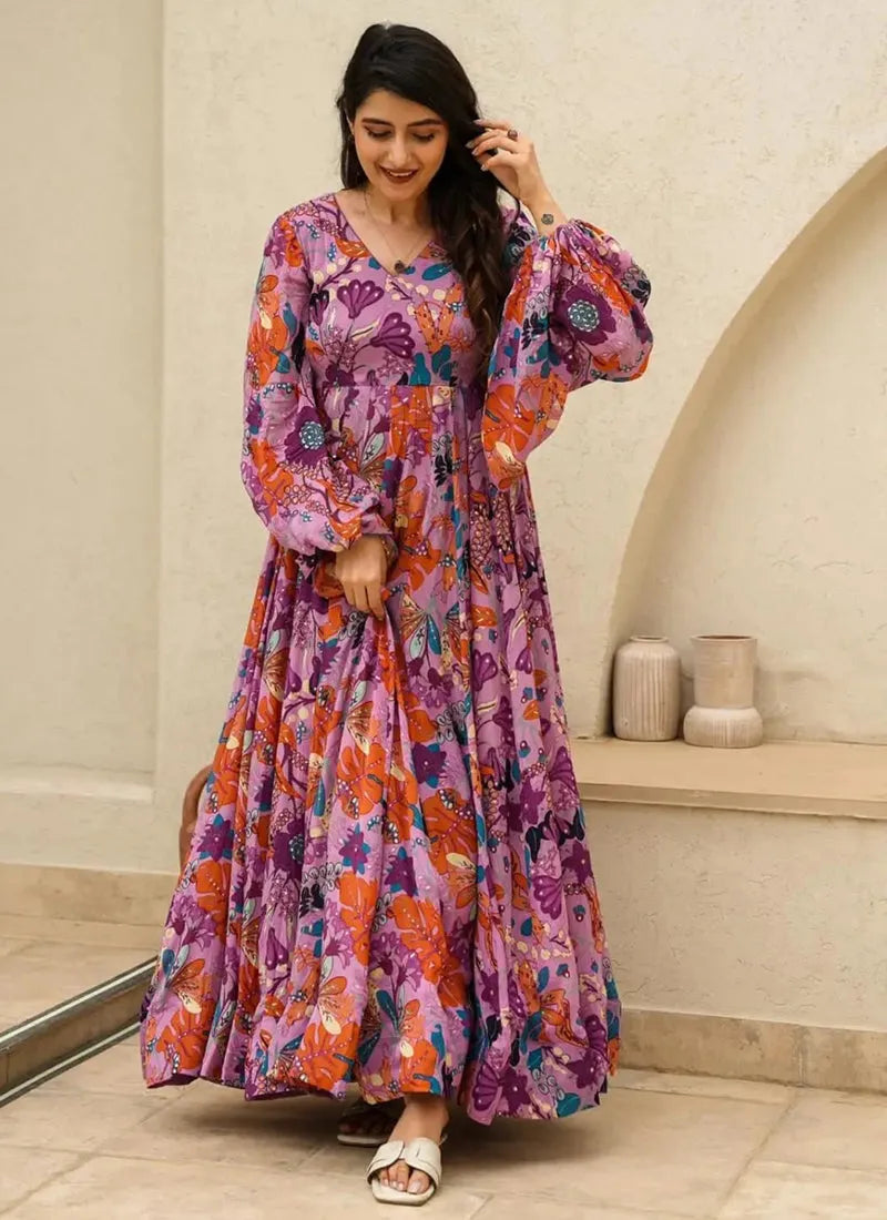 Rose Pink Digital Printed Fully Flared Gown Shop For Sale