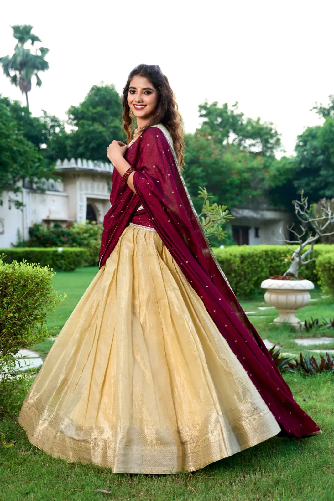 Enchanting  Kanchipuram Zari Weaved Cream Lehenga Choli Set Free Shipping Low Shipping