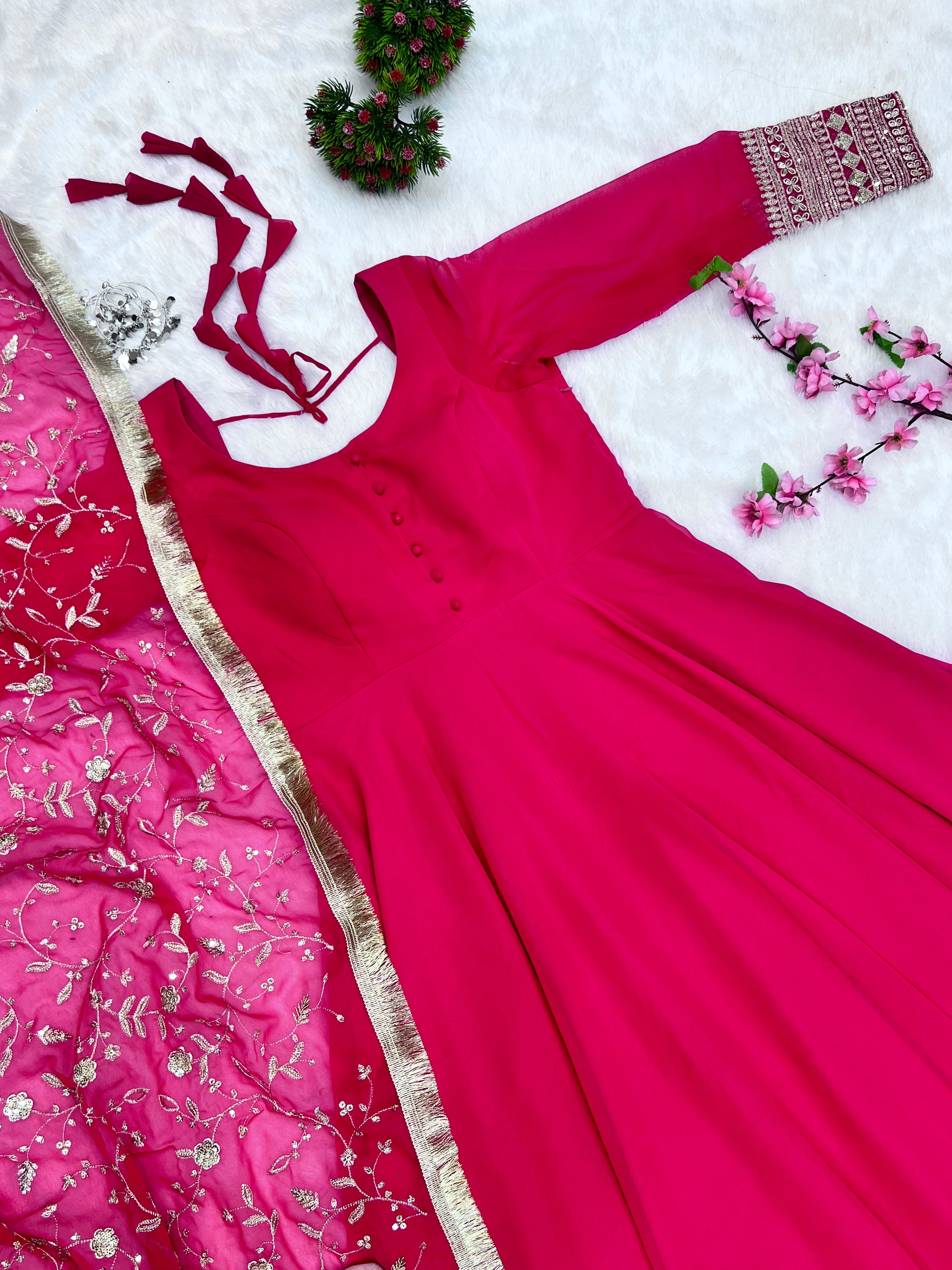 Rani Pink Color Georgette Gown With Dupatta Set Discount Original