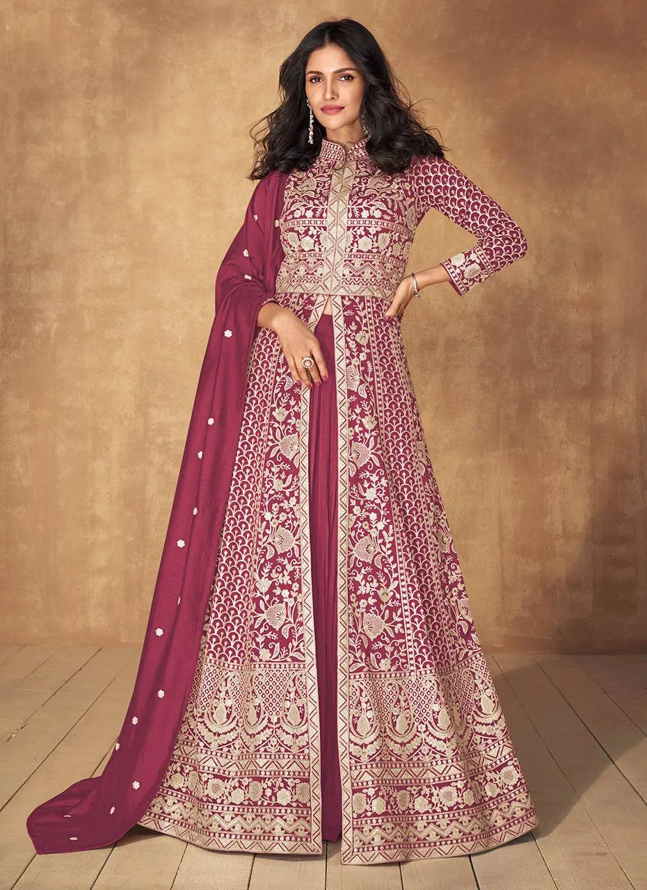 Impressive Dark Pink Vichitra Silk Embroidered Anarkali Suit Collections Cheap Online