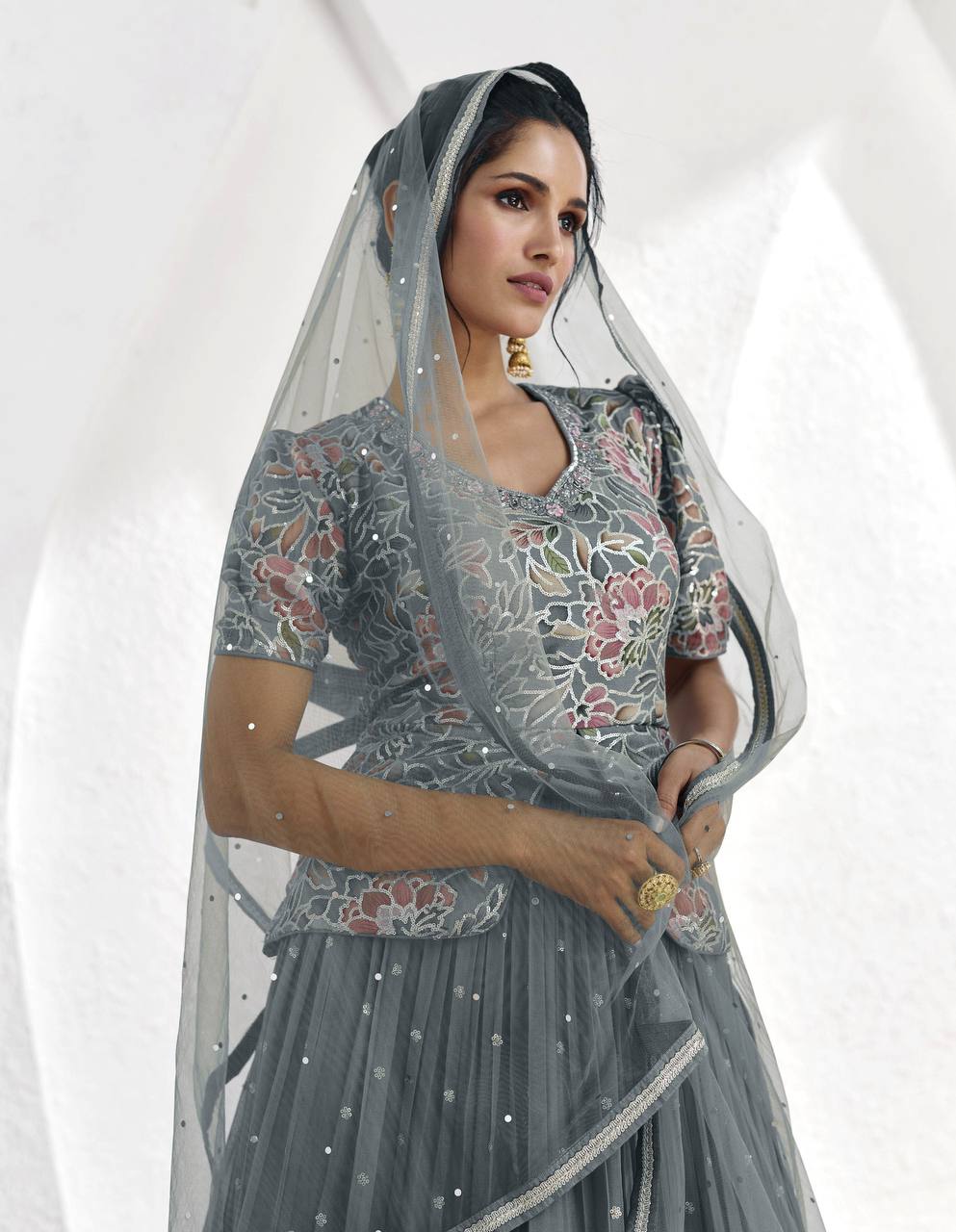 Graceful Grey Georgette Embroidered Party Wear Lehenga Choli Cheapest For Sale