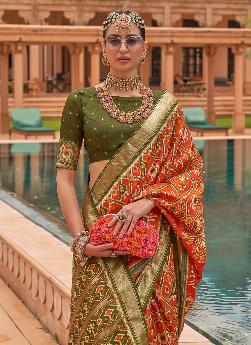 Orange Smooth Silk Foil Print With Patola Saree Visit Cheap Pice