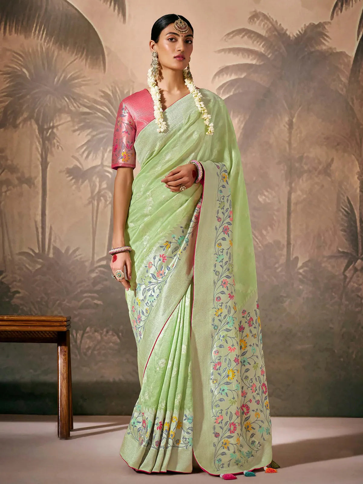 Pristine Pista Green Paithani Banarasi Silk Saree with Floral Motifs Outlet Official