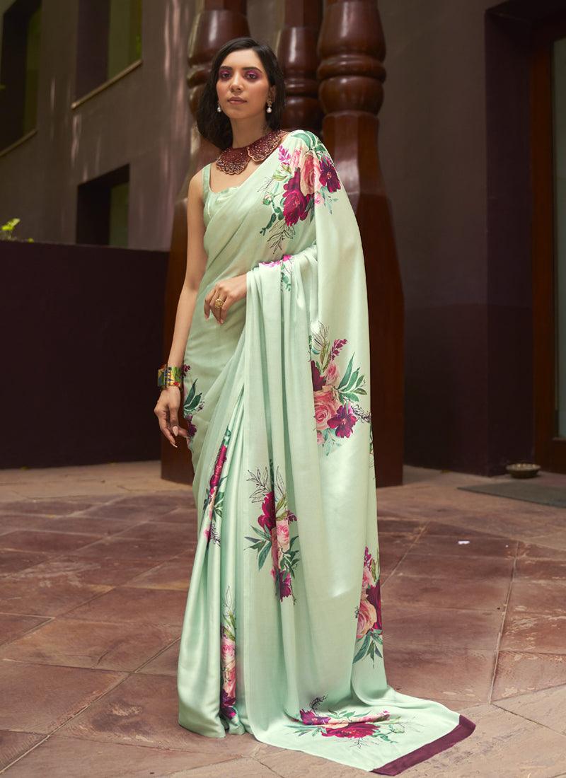 Sea Green Satin Crepe Floral Saree Browse Cheap Online