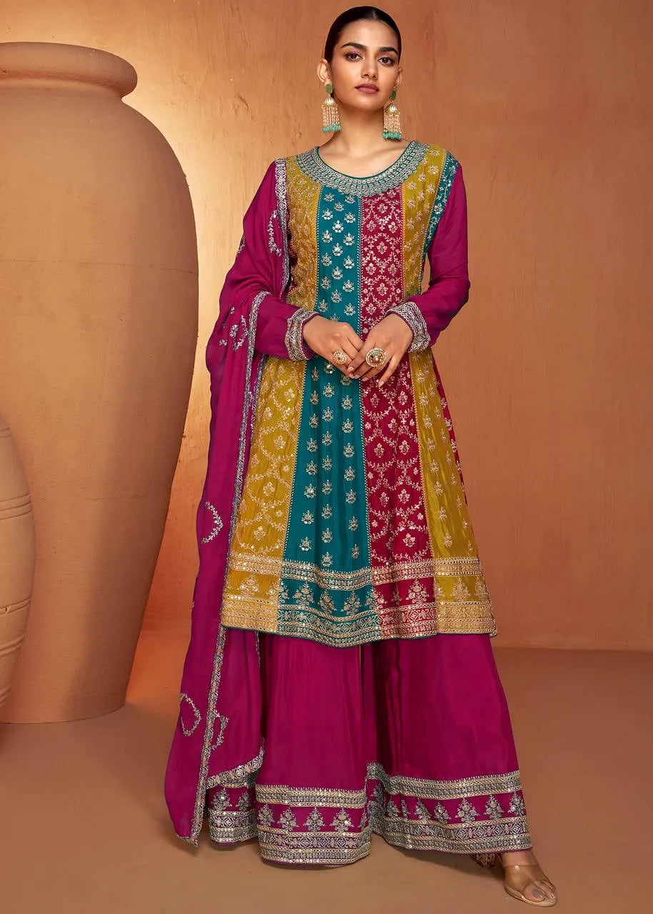 Fantastic Multi Colored Chinon Embroidered Palazzo Suit Sast Sale Online