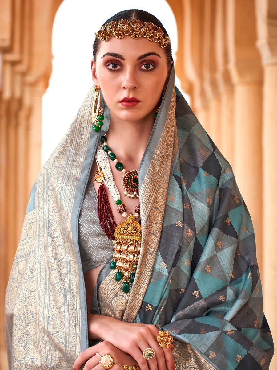 Glorious Sky Blue-Grey Viscose Silk Printed Saree Safe Shopping Cheap Online