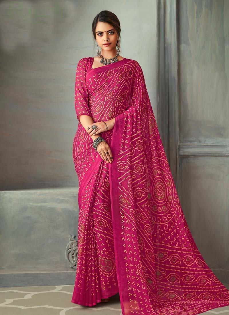 Rear Rani Pink Color Bandhej Printed Chiffon Base Saree How Much For Sale