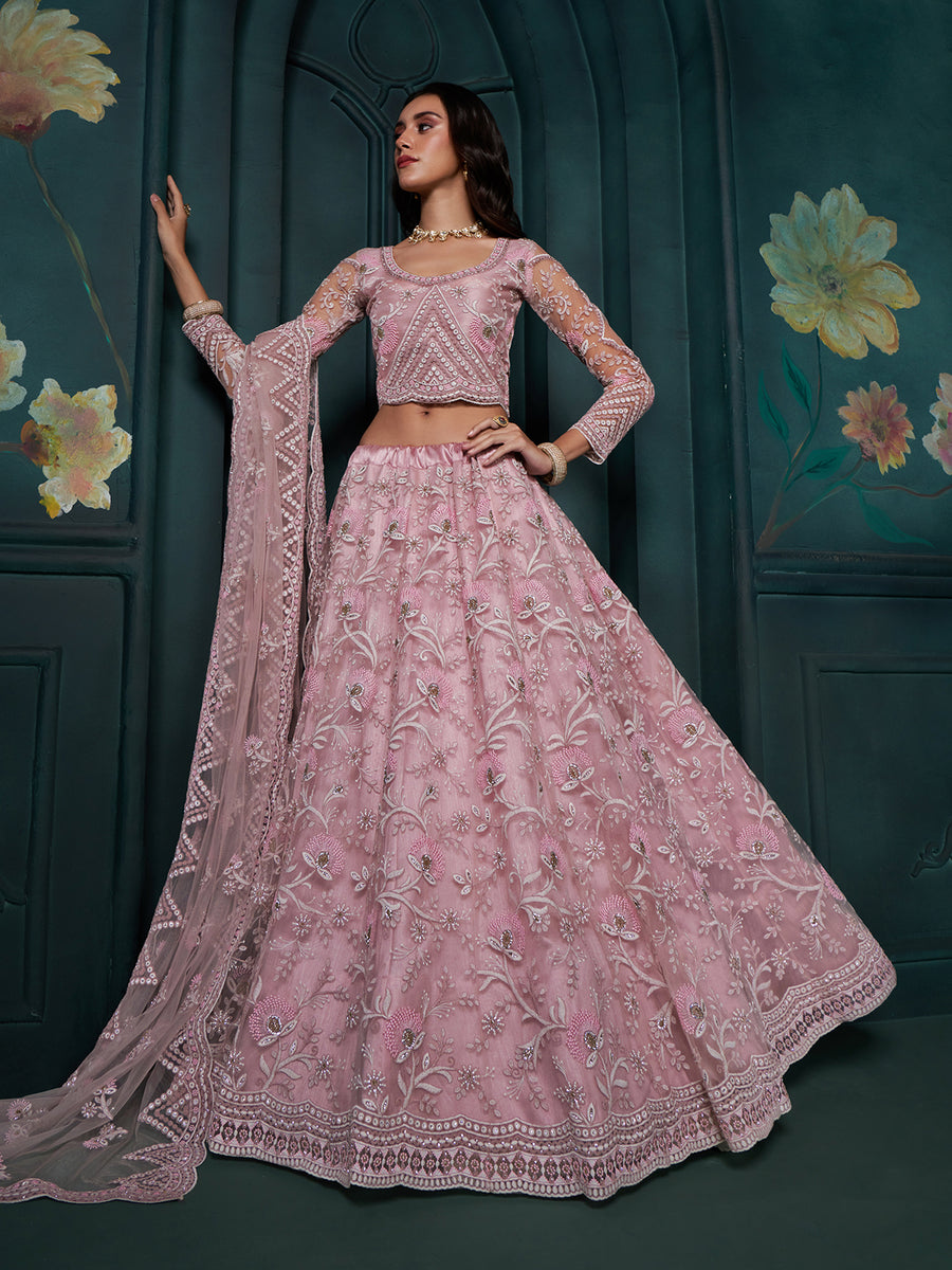 Exquisite Dusty Pink Embroidered Bridal Lehenga Choli Low Pice Fee Shipping