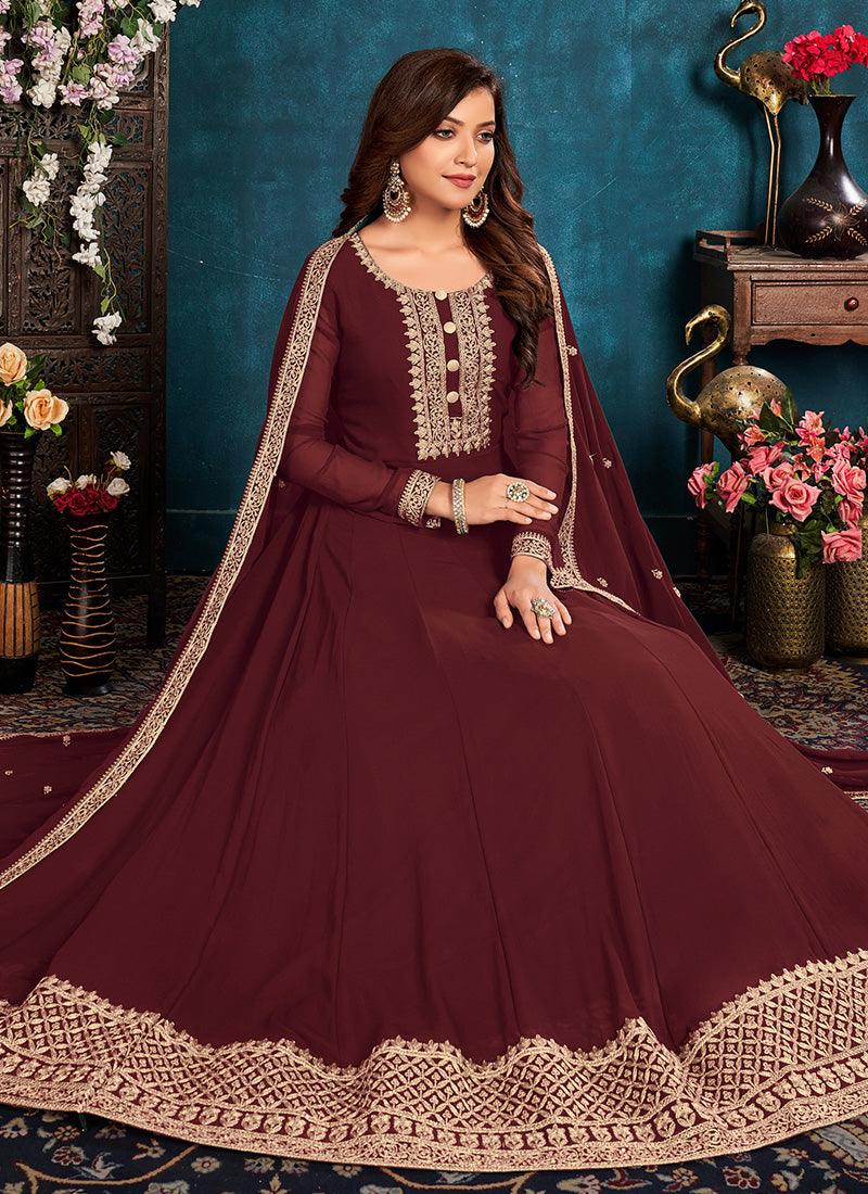 Maroon Color Georgette Fabric Dori Work Full Sleeves Gown Cheap Sale Lowest Pice