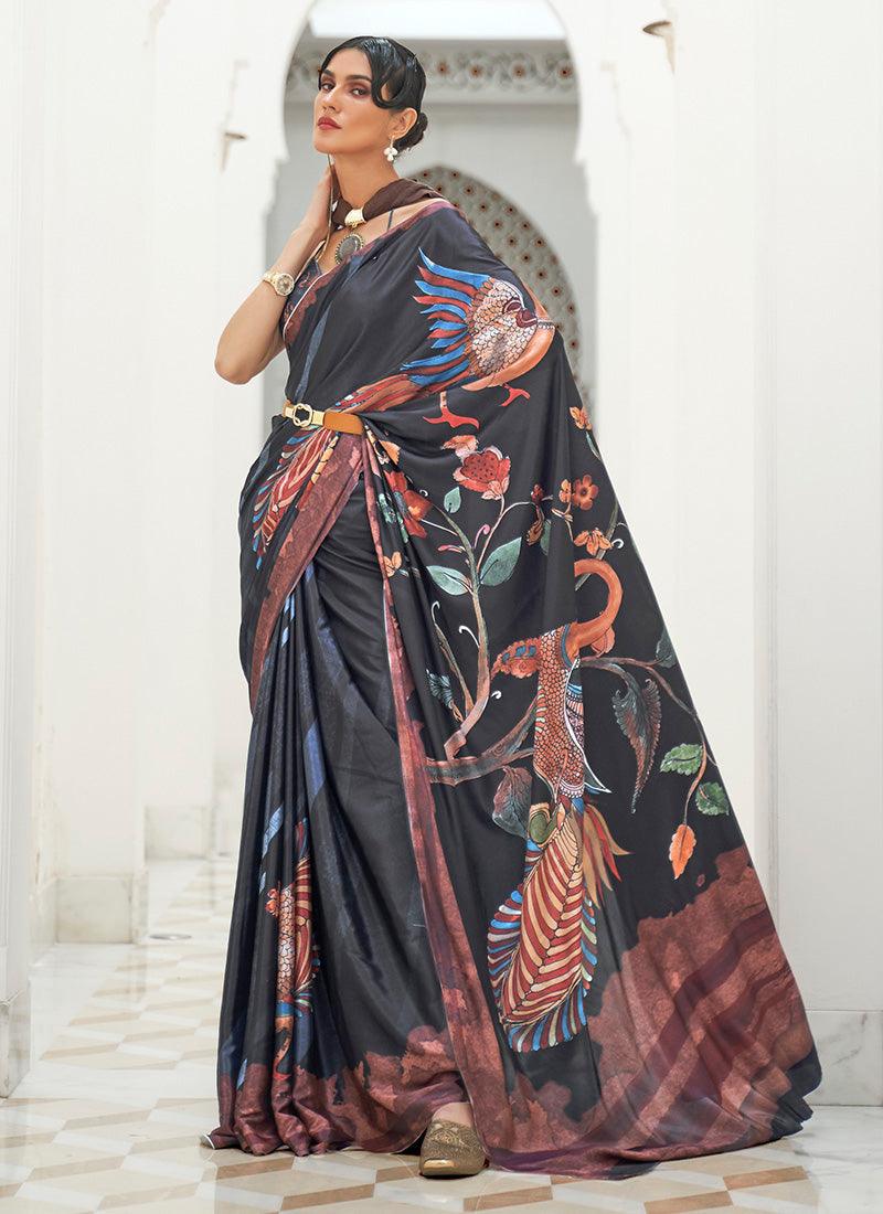 Intriguing Partywear Dark Grey Color Silk Fabric Printed Saree High Quality For Sale