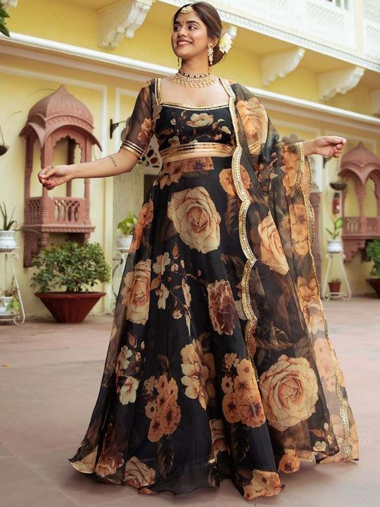 Black Organza printed Floral lehenga choli Cheap Fashion Style