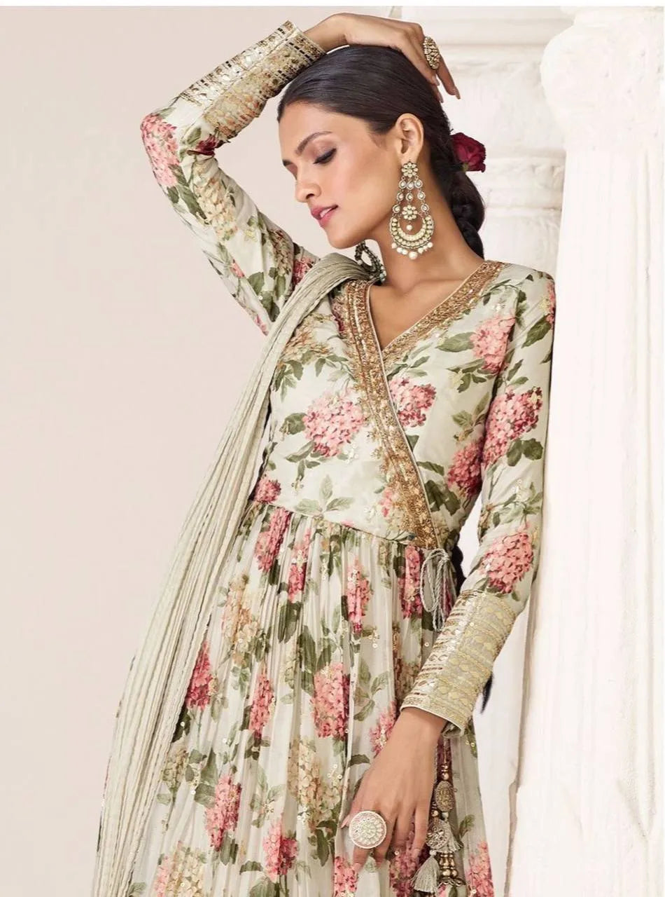 Iconic Off-White Floral Embroidered TB Silk Gown With Dupatta Free Shipping Deals