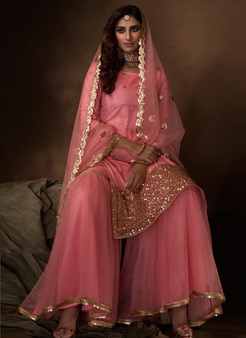 Light Pink Soft Net Base Sequin Sharara Suit Official Cheap Online