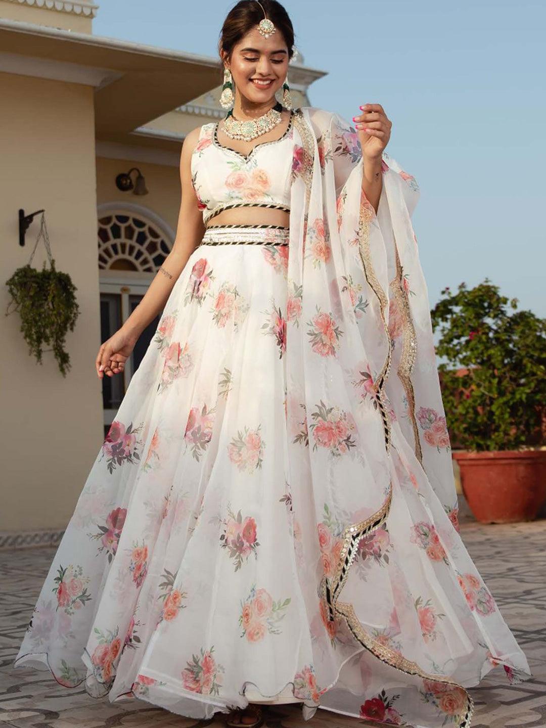 White Organza Printed floral lehenga Choli Discount Shop For