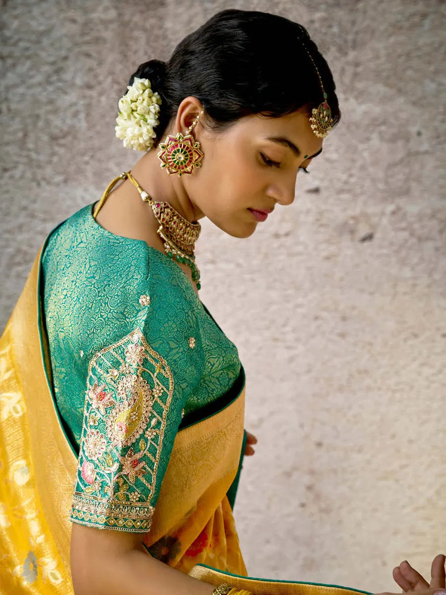 Radiant Yellow Banarasi Silk Saree Floral Embroidered Free Shipping Clearance Store