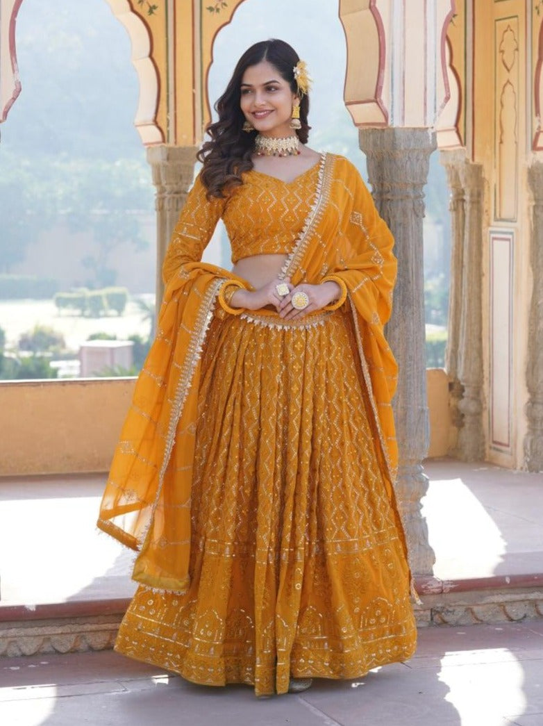 Mustard base Sequins and Embroidered lehenga choli set Cheap 2025 Newest