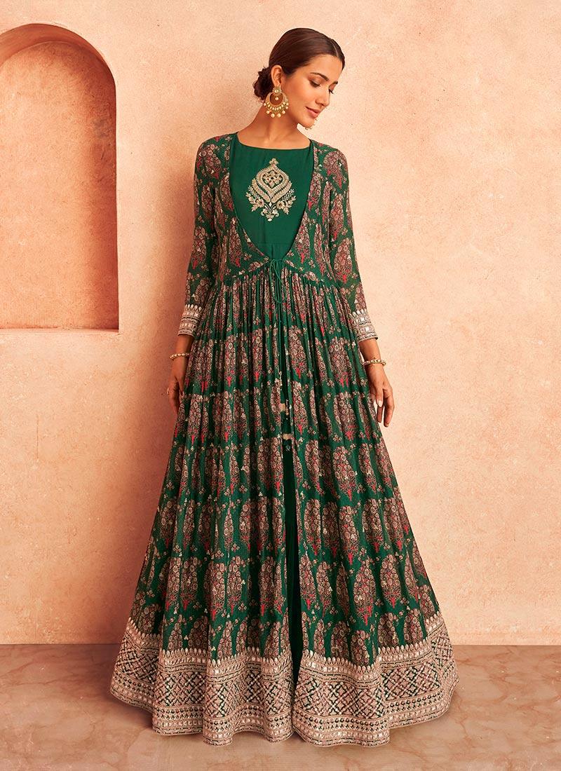 Green Gown With Georgette Printed Jacket Free Shipping Real