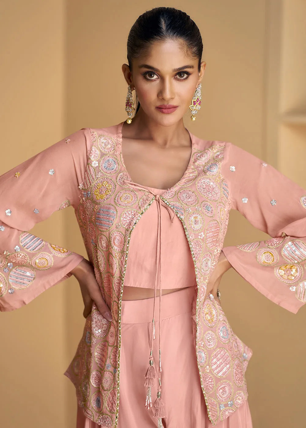 Sweet Pink Georgette Top Palazzo Suit With Embroidered Jacket Cheap Sale Exclusive