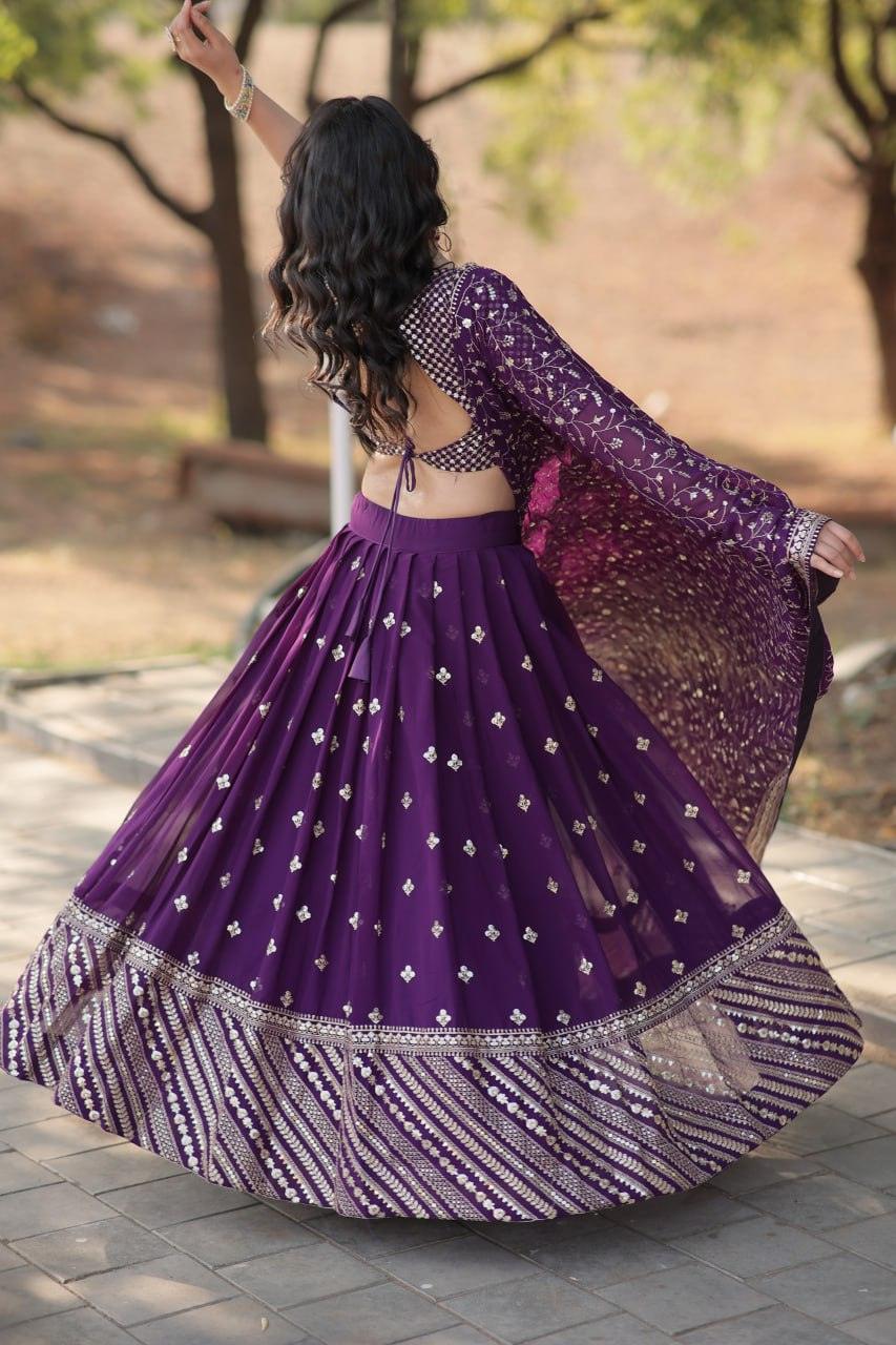 Spectacular Purple Faux Georgette Sequins Thread Embroidered Lehenga Set Best Sale Cheap Pice