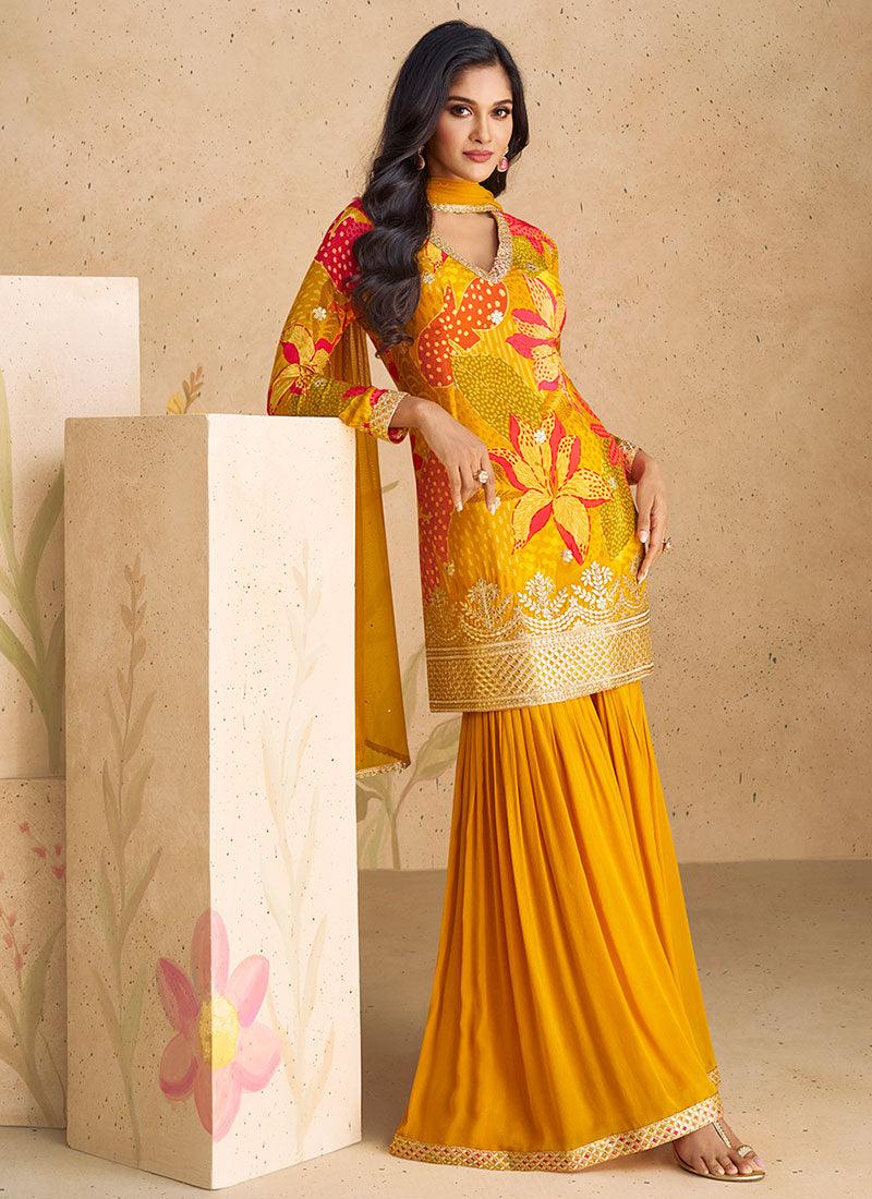 Mustard Yellow Floral Digital Printed Embroidered Top Sharara Suit Discount From China