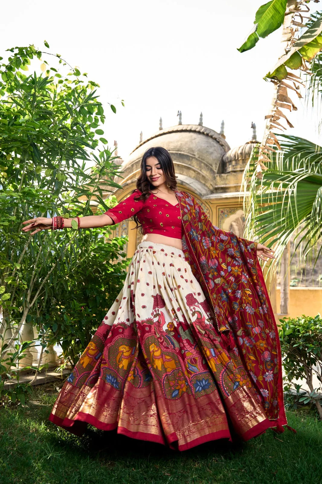 Impressive Tussar Silk Kalamkari Printed Lehenga Choli Set Outlet Official