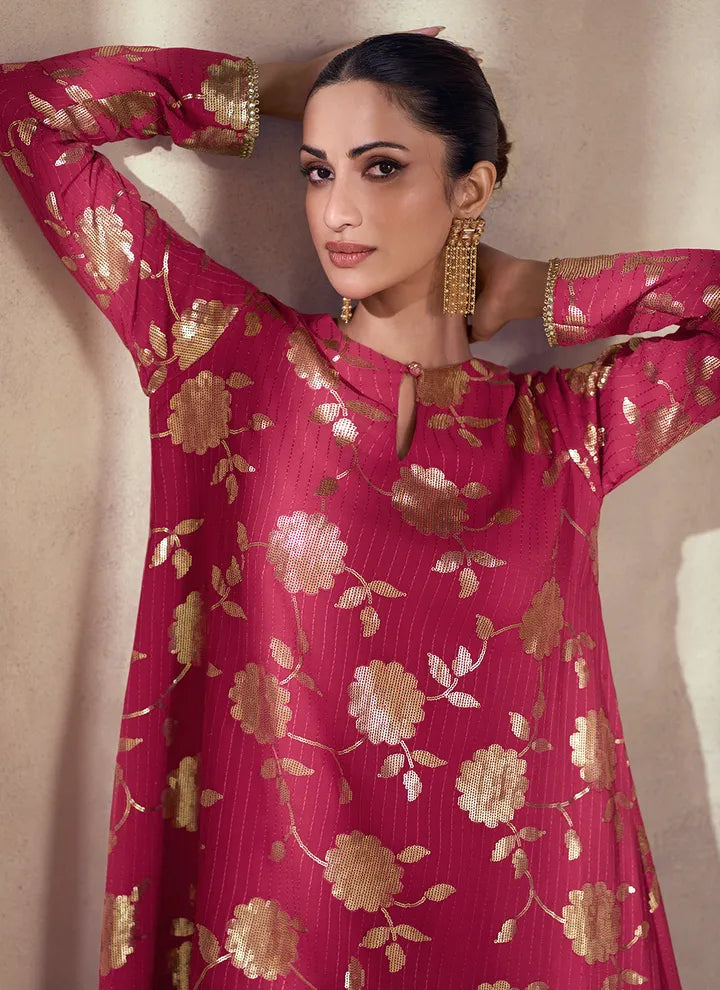 Magenta Premium Silk Sharara Suit with Thread and Sequins Detail Discounts