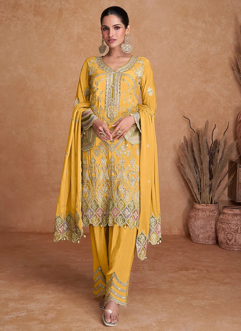 Yellow Pure Chinon Embroidered Traditional Top Pant Suit Pay With Visa