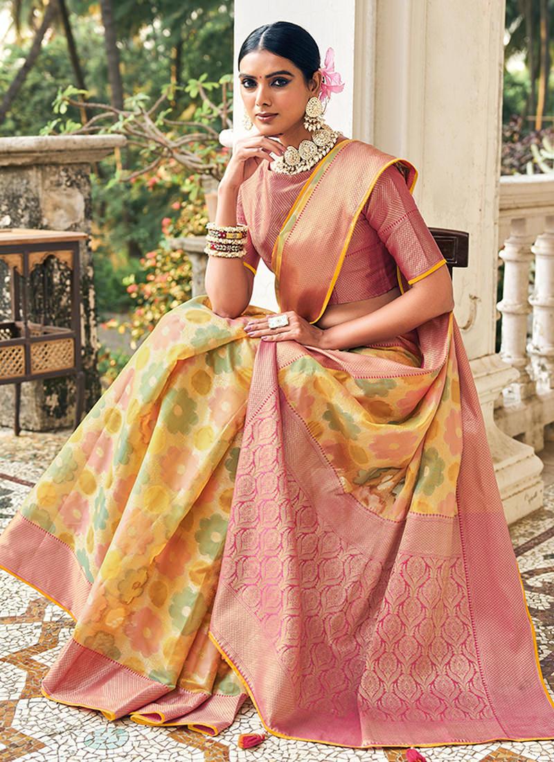 Classic Wear Printed Yellow Organza Saree Outlet Shop