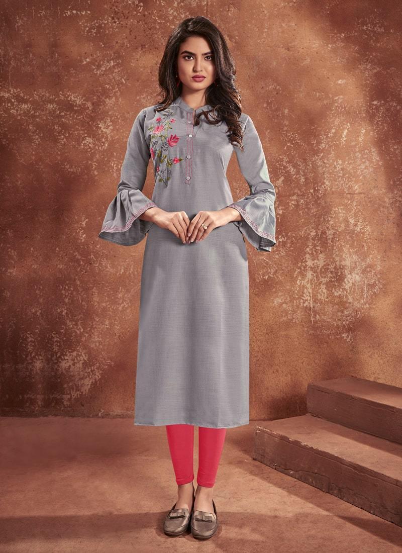 Enthralling Grey Color Cotton Base Casual Wear Kurti with Embroidery Good Selling Cheap Pice