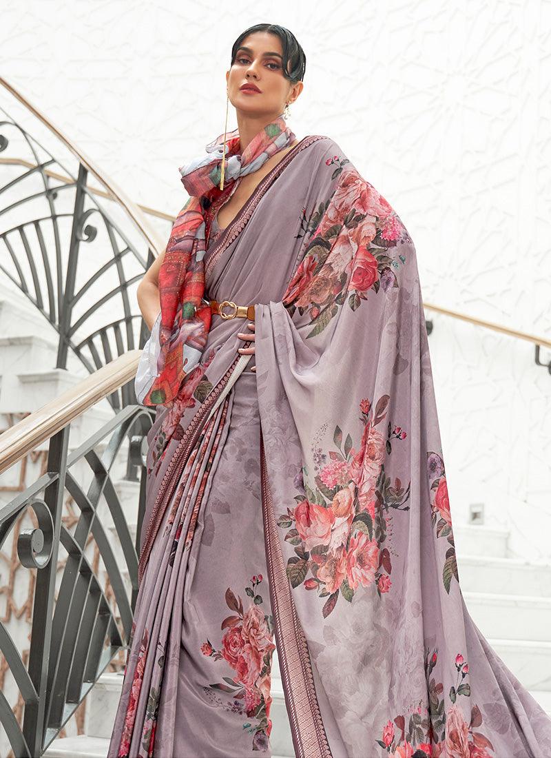 Heavenly Grey Colored Silk Fabric Partywear Floral Print Saree Sale Nicekicks