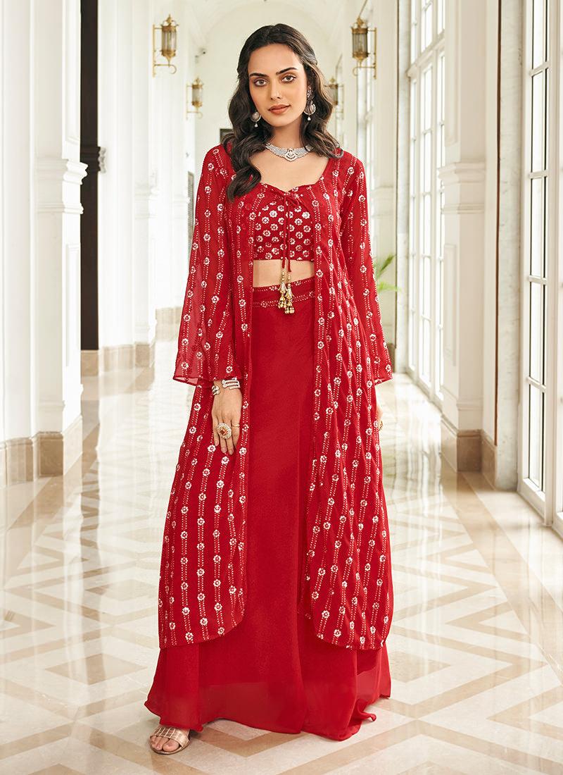 Red Color Jacket Style Party Wear Lehenga Choli Marketable