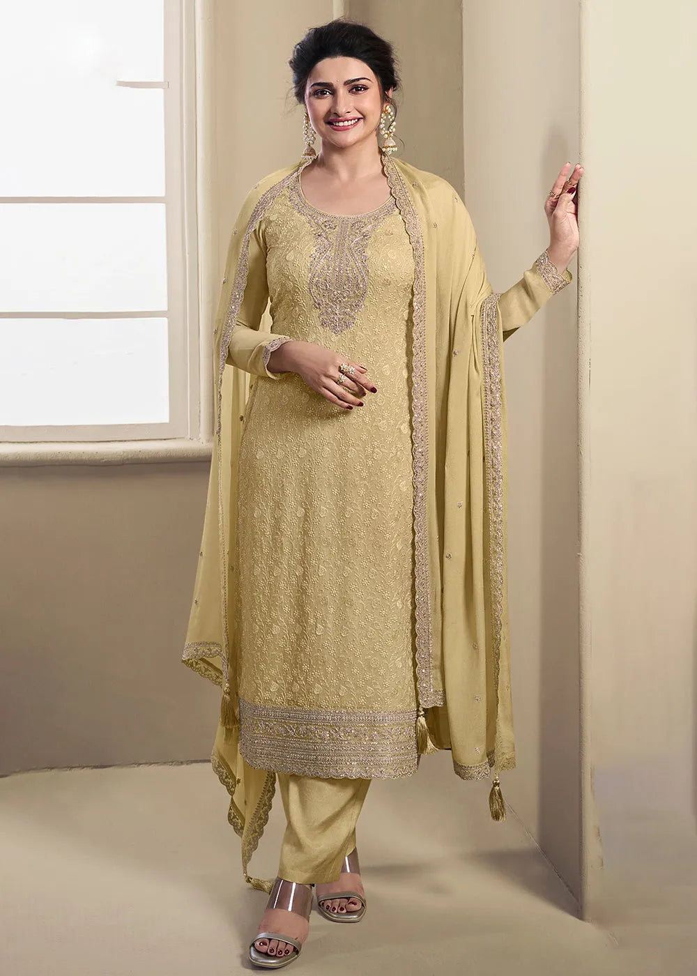 Pale Yellow Schiffli Embroidered Organza Designer Straight Suit Cheap Good Selling