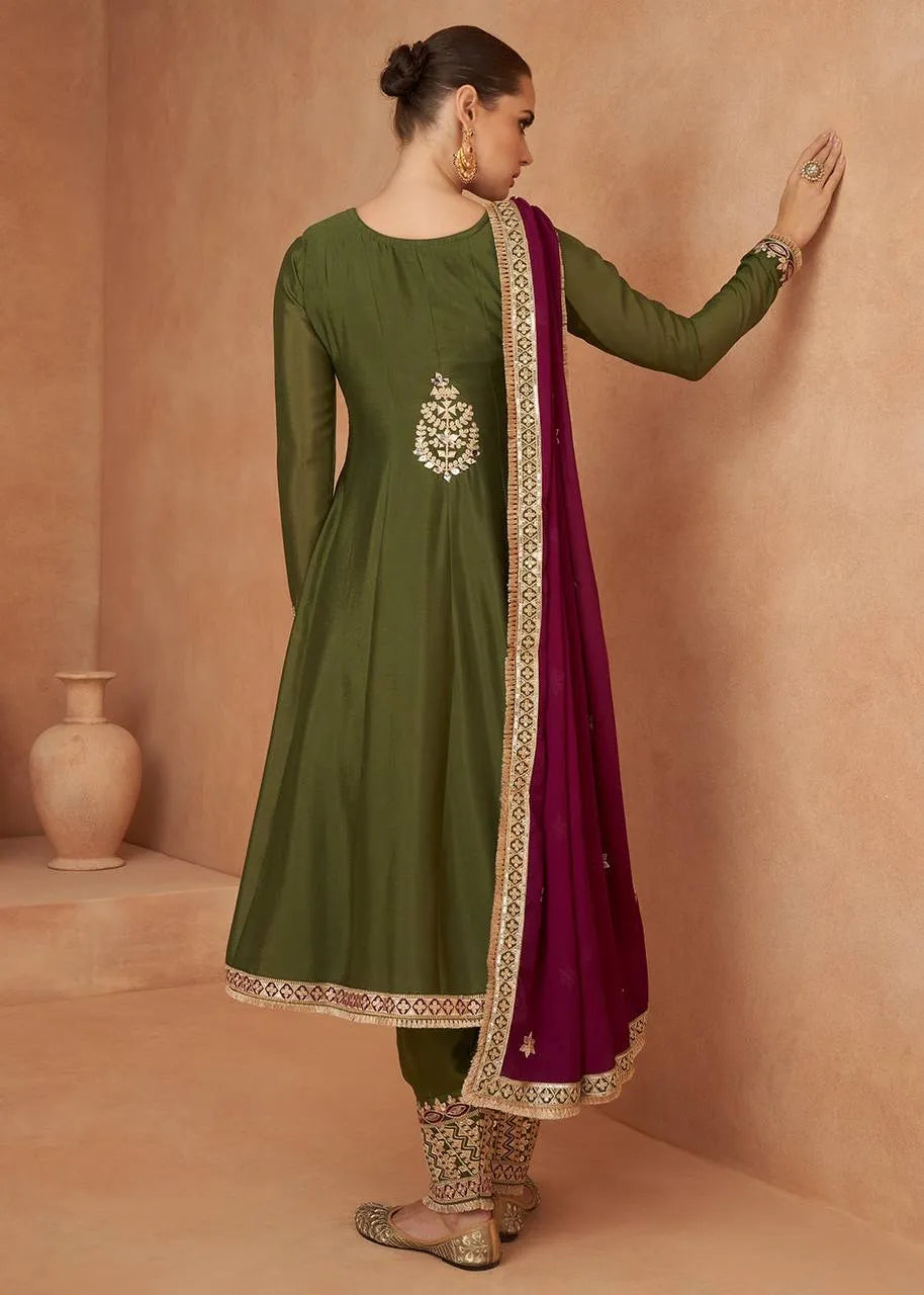 Charming and Superb Olive Chinon Embroidered Salwar Kameez Cheap Best Wholesale