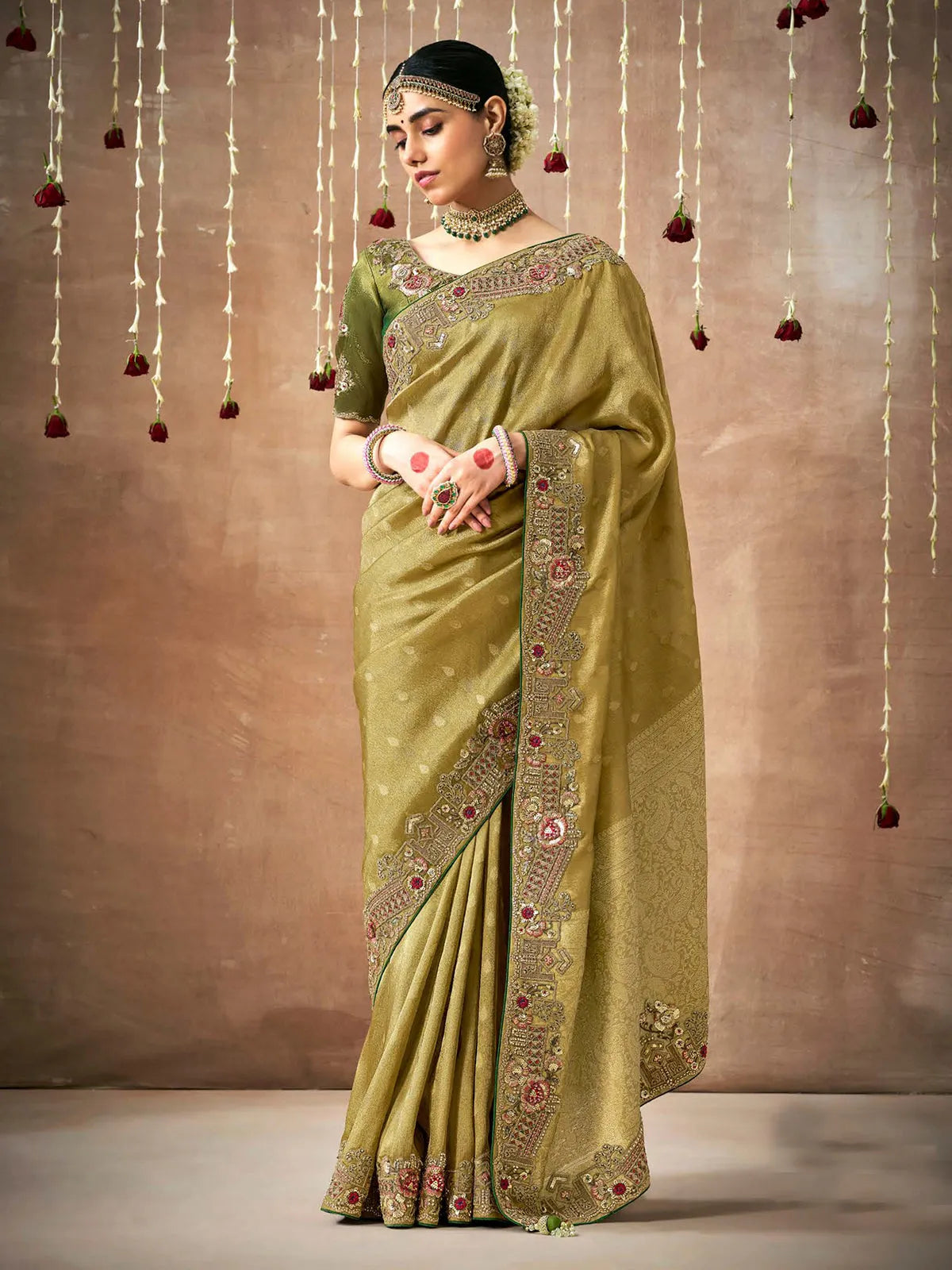 Iconic Olive Designer Silk Embroidered Saree Free Shipping With Credit Card