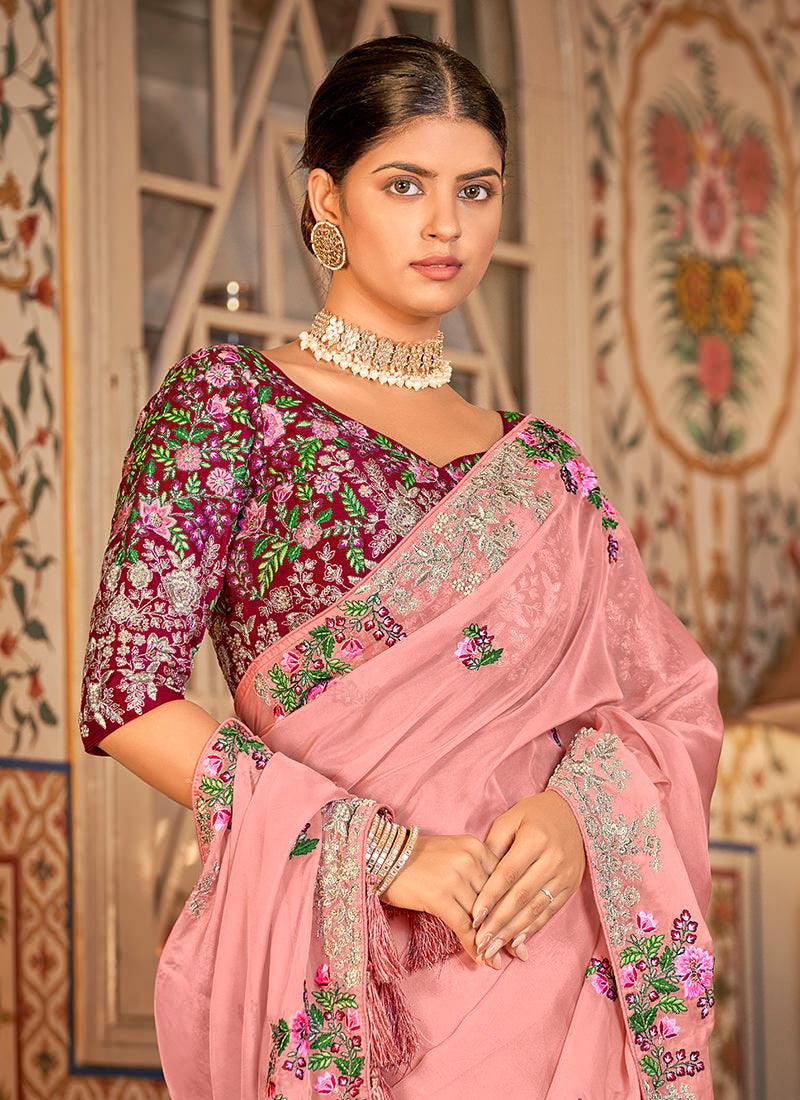 Thread Work Baby Pink Organza Saree Buy Cheap Buy