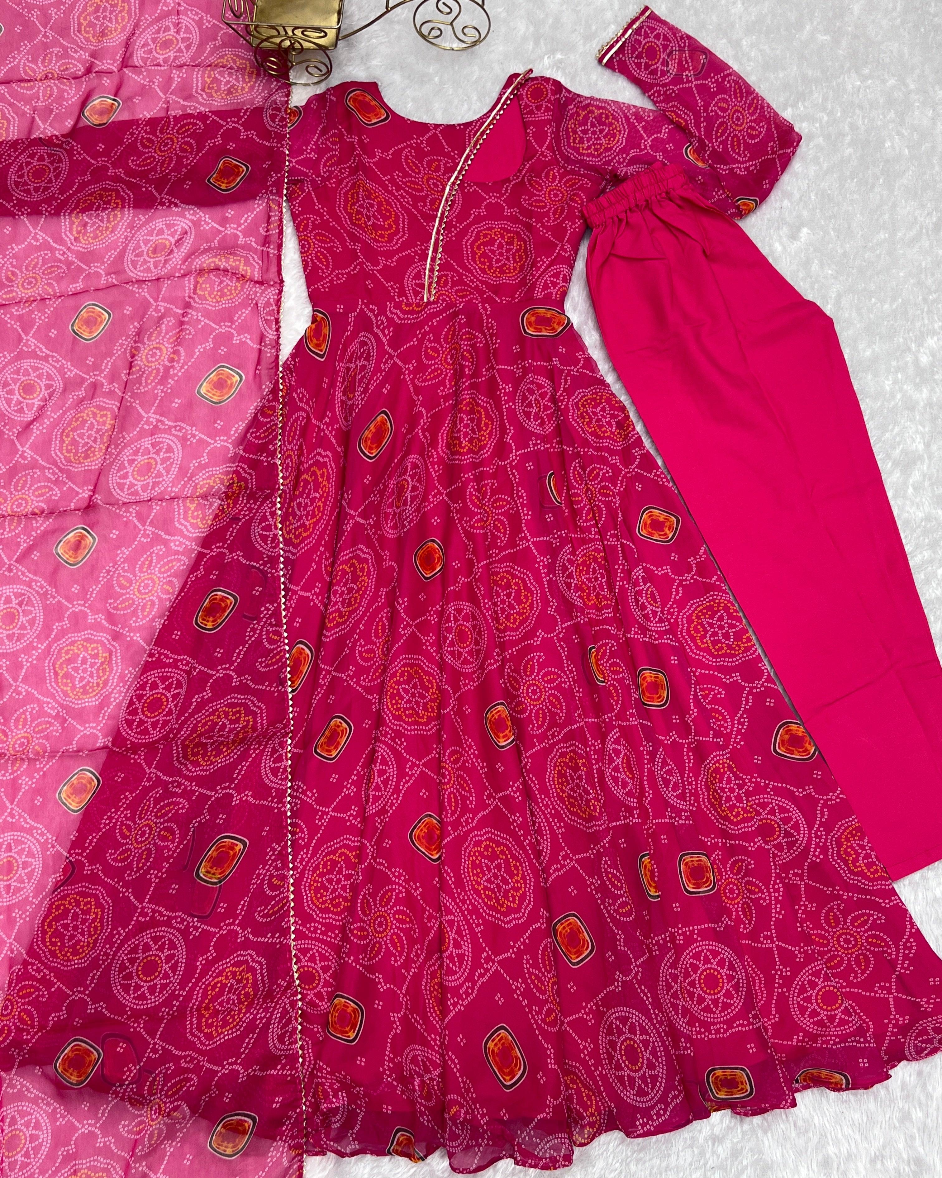 Pink Pure Chiffon Bandhej Printed Gown With Dupatta Buy Cheap Largest Supplier