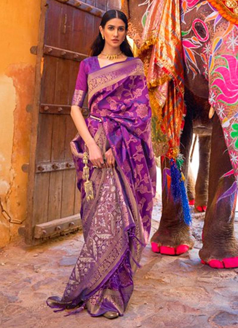 Silk Base Purple Color Printed Saree With Sequins Work Best Pices For Sale