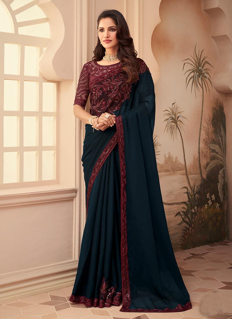 Navy Blue Color Silk Material Saree With Contrast Blouse Cheap Sale 2025 Newest