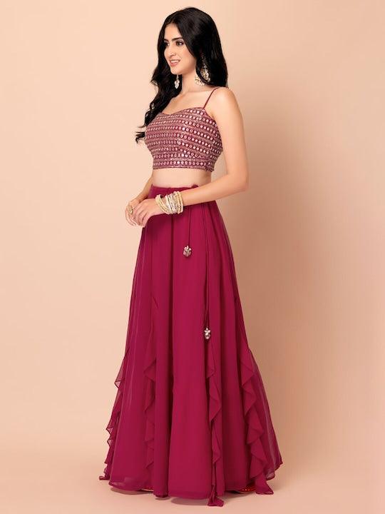 Rani Pink Georgette Mirror Work Flared Lehenga Choli Sale Cheapest