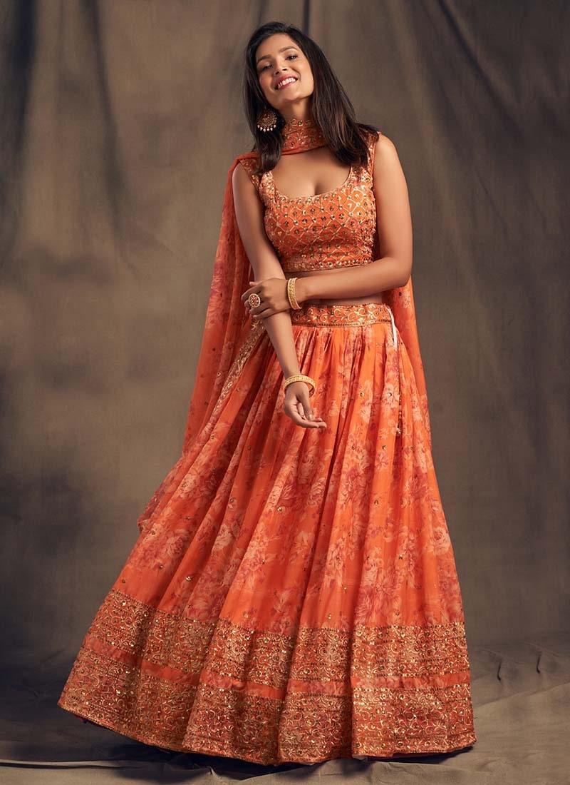 Heavenly Look Orange Color Sequins Work Organza Base Printed Lehenga Choice Online