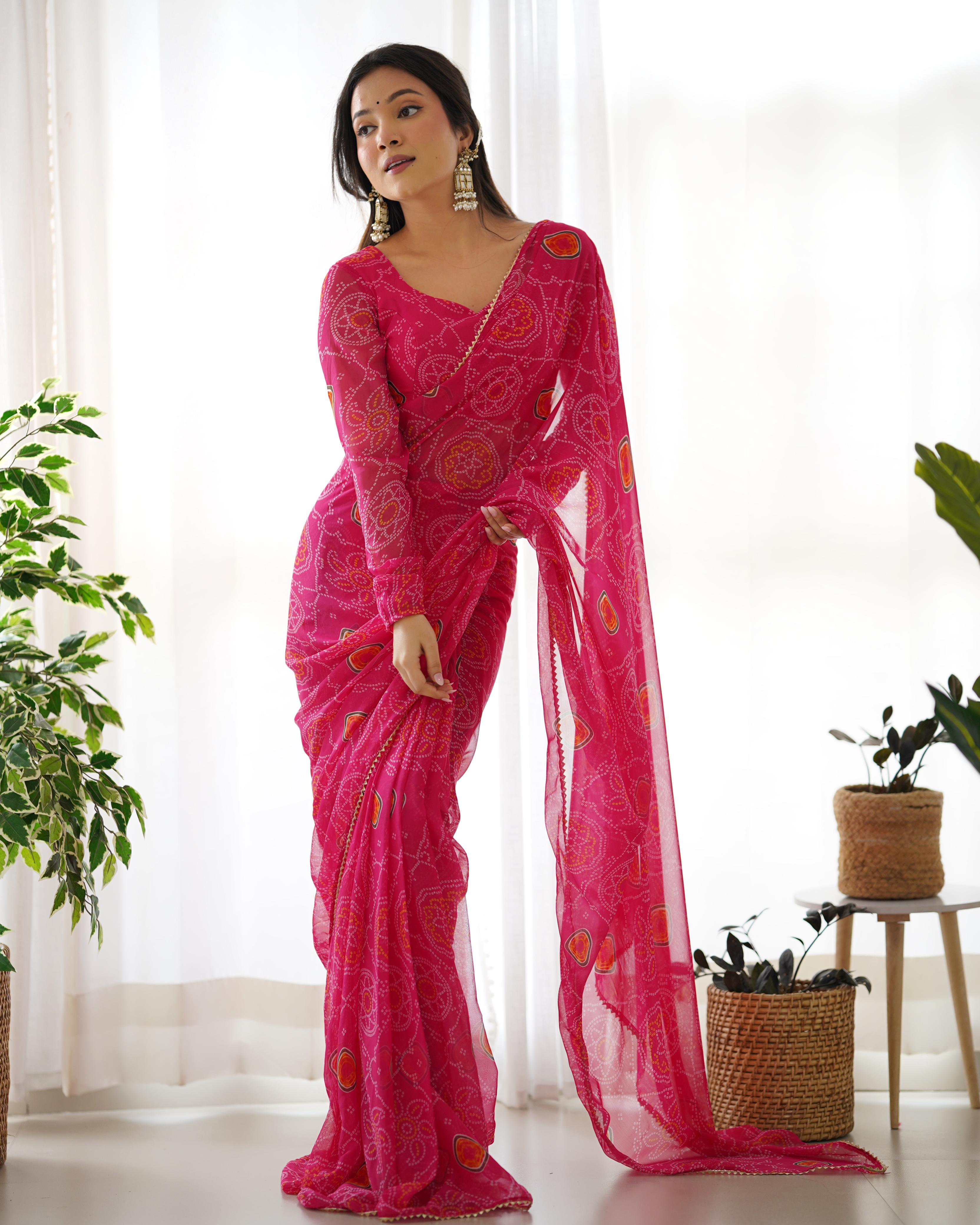 Pink chiffon bandhani Printed Ready to wear saree Outlet Pay With Paypal