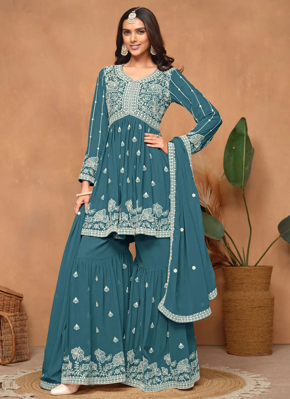 Teal Faux Georgette Sequins Embroidered Designer Top Sharara Suit Free Shipping Fashionable