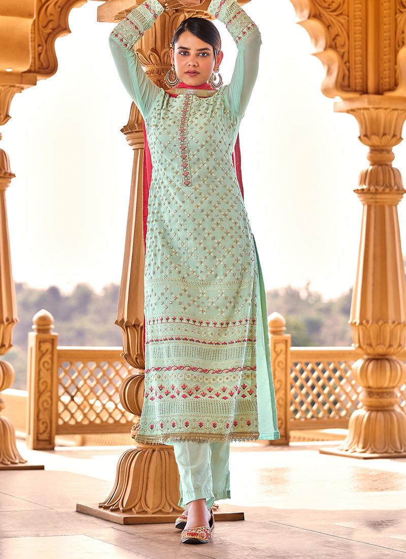 Pale Green Color Resham And Stone Work Full Sleeves Pant Style Suit Original Online