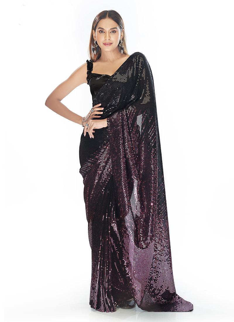 Purple Heavy Sequins Partywear Saree Sale Finishline