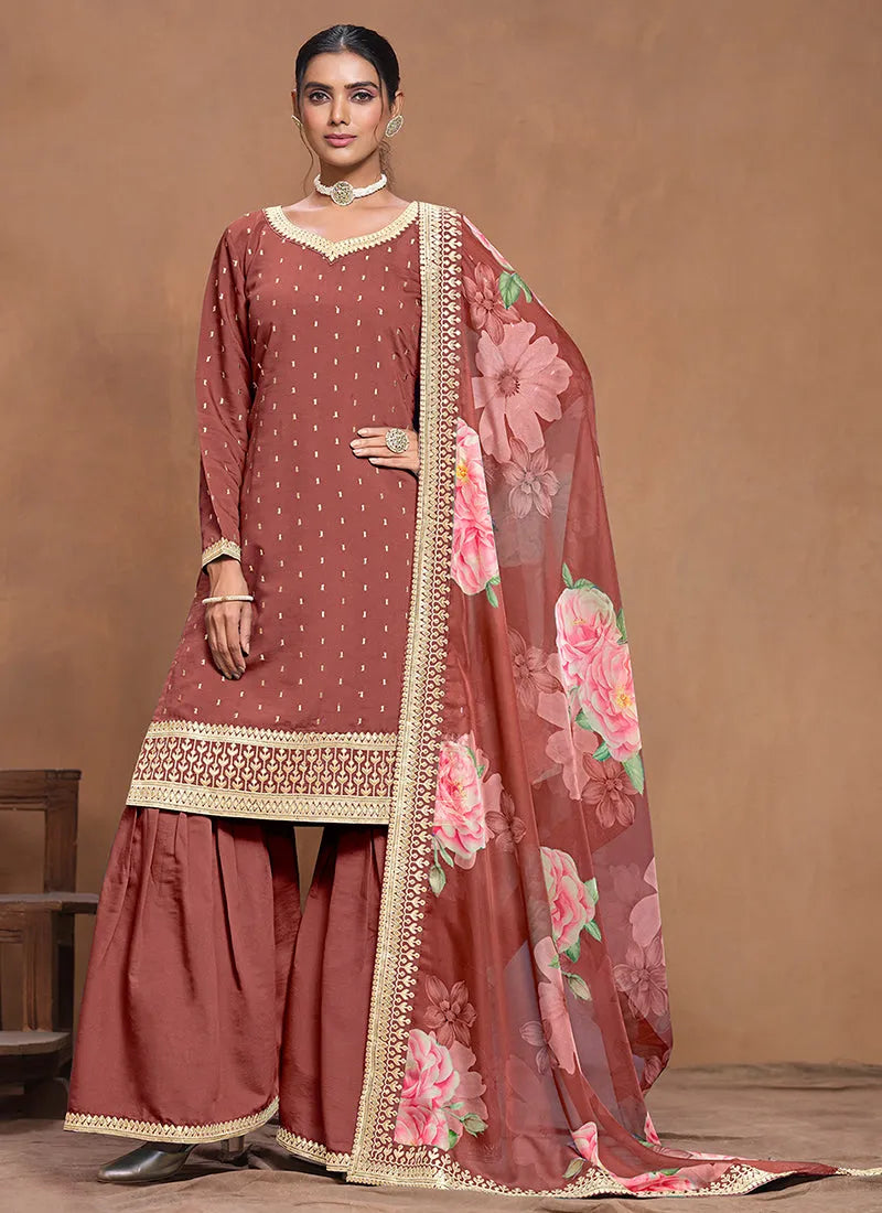 Designer Rust Red  Embroidered Silk Sharara  Suit Cheap Footlocker Finishline