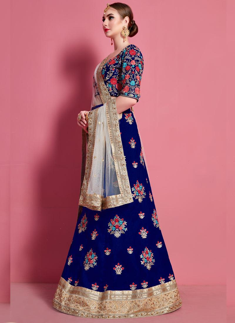 Navy Blue Floral Motif Art Silk Base Wedding Wears Lehenga Choli Sale 2025 Unisex